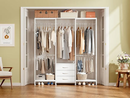 Garment Rack Heavy Duty Clothes Rack for Hanging Clothes, Freestanding Clothing Rack with 3 Fabric Drawers, Wood Stoarge Shelf, Adjustable Closet Racks, Corner L Shaped Closet System Organizers, White