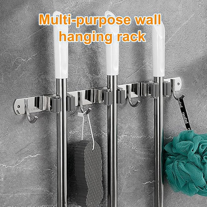 1Pcs Broom Mop Holder Wall Mount – Stainless Steel Heavy Duty Organizer with 2 Racks & 3 Hooks for Garage, Kitchen, Laundry Room, Garden & Home