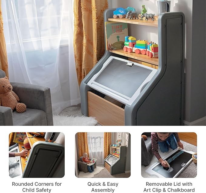 Step2 Harmony Toy Storage Box, Kids Toy Storage Bin with Chalkboard Lid, Easel & Toy Organizer in One, Made of Durable Plastic, For Toddlers 2+ Years Old, Sage Gray