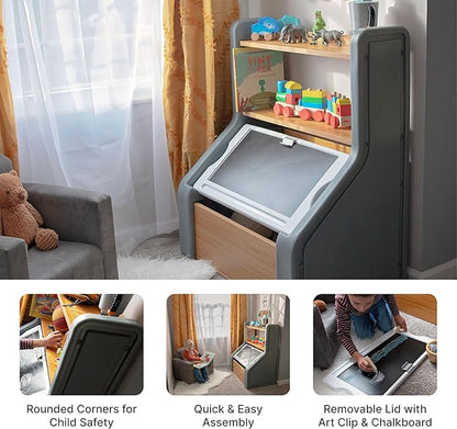 Step2 Harmony Toy Storage Box, Kids Toy Storage Bin with Chalkboard Lid, Easel & Toy Organizer in One, Made of Durable Plastic, For Toddlers 2+ Years Old, Sage Gray