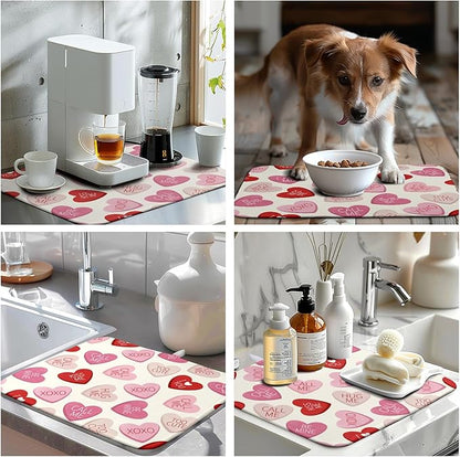 Wnoesat Valentine Love Heart Dish Drying Mat for Kitchen Counter 18x24 Inch Valentines Day Dish Mats Absorbent Microfiber Dish Draining Mat Reversible Dish Drying Rack Mat with Hanging Loop