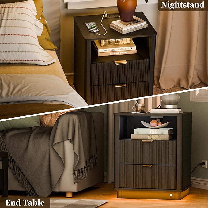 BONITURE Led Fluted Nightstand, Smart Curved Night Stand with Charging Station Lighting, Wood End Table with 2 Drawers, Modern Side Table Storage Cabinet for Bedroom Office,(1, Black)