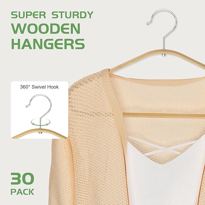 APRTAT Bamboo Hangers - 30 Pack, Slim & Durable Suit Hangers with 360-Degree Rotatable Hook, for Clothes, Jacket, Shirt, Tank Top, Pant (Natural)