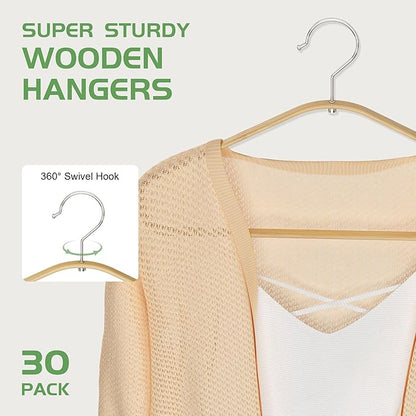 APRTAT Bamboo Hangers - 30 Pack, Slim & Durable Suit Hangers with 360-Degree Rotatable Hook, for Clothes, Jacket, Shirt, Tank Top, Pant (Natural)