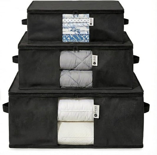 Cedar Storage Bag Organizer for Bedding Set - Protects from Moths, Moisture, Dirt & Dust - Set of 3 Storage Bags for Bed Sheets, Comforter, Pillows & More - Space-Saving Bedding Organizer, Black