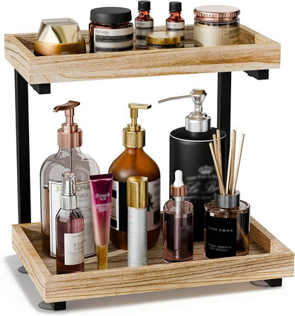 2-Tier Bathroom Counter Organizer with Suction Cups - Non-Slip Vanity Countertop Organizers for Makeup, Perfume & Skincare, Wooden Counter Storage Shelf for Bathroom, Sink, Kitchen