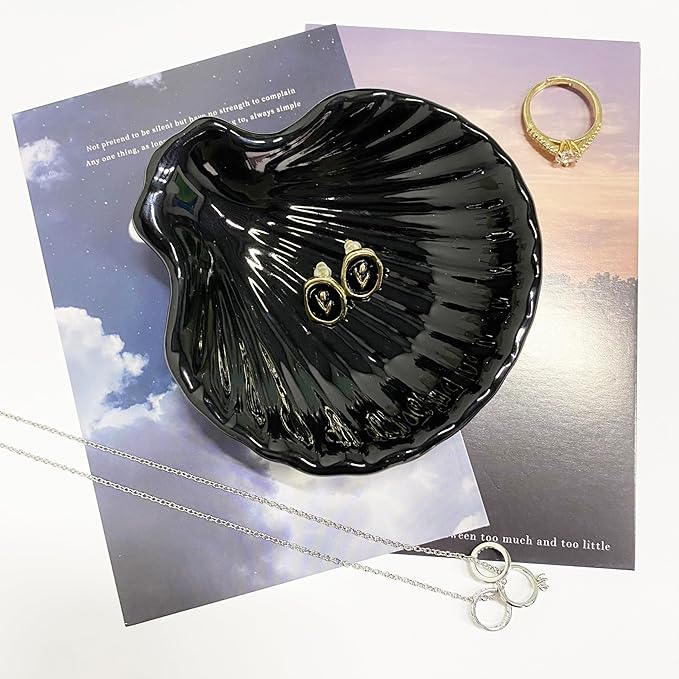 GO2HEJING Shell Shape Ring Holder Dish, Seashell Jewelry Dish Tray, Ceramic Trinket Tray for Rings Earrings Necklaces Bracelet, Birthday Mother's Day Christmas Gift for Mom Friend Sister, 3.9", Black