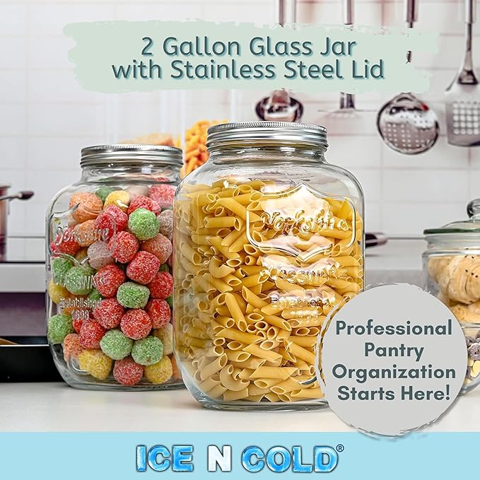 2 Gallon Glass Jar / 8-Liter Capacity / 270 Ounce Capacity – Clear Wide Mouth Container for Storage, Kitchen, Pantry, and Laundry.