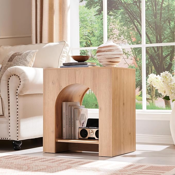 Arched End Table Set of 2 with Type-C Charging Station, 22" Modern Bedroom NightStand with Arched Shelf, Side Table with Outlet, USB, Type-C Port for Bedroom, Natural