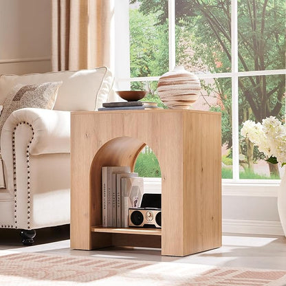 Arched End Table with Type-C Charging Station, 22" Modern Bedroom NightStand with Arched Open Shelf, Night Table with Outlet, USB, Type-C Port for Bedroom, Natural