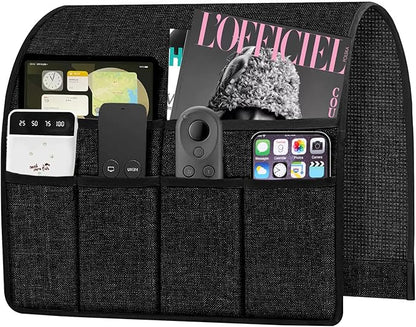 Ntomtuex Armchair Caddy Remote Control Holder for Couch Recliner, Armrest Pocket Organizer for Couch Arm Chair with 6 Pocket for Magazines, Eyeglass, ipad, Phone, Black