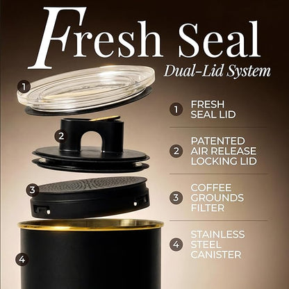 Vacuum Coffee Canister with Airtight Lid – Patented Dual Airtight Coffee Canister with Scoop, Coffee Bean Storage Container or Grounds Container, Storage Container - Black and Gold Kitchen Accessories