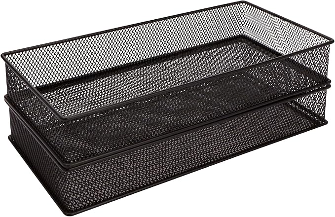 Annova Mesh Stackable Drawer Cabinet and Shelf Organizer Bins Storage Basket School Office Supply Holder Tray- Set of 2 (Black, 6x12x2 Inch)