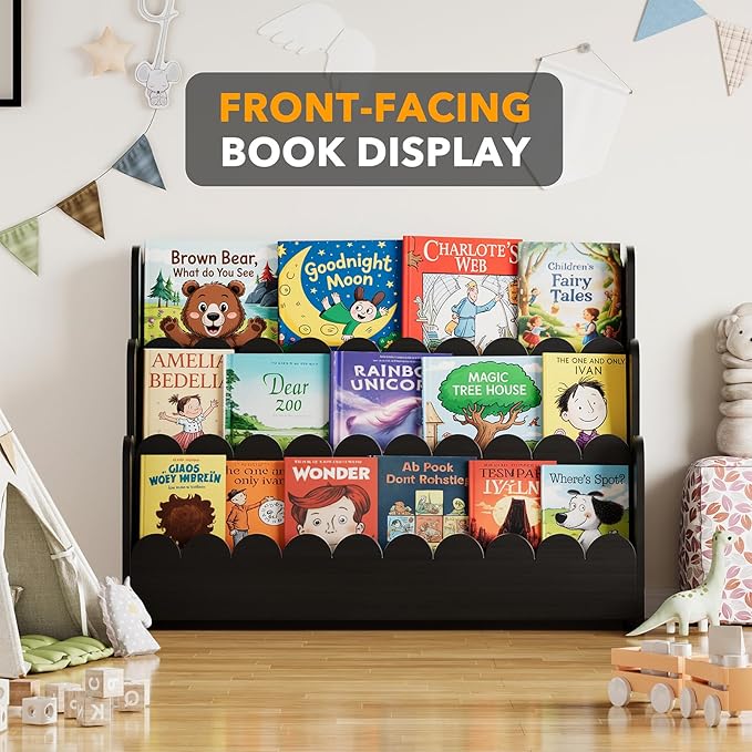 SpaceAid 3-Tier Scalloped Bookshelf, Montessori Bookcase for Toddlers, Wooden Book Shelf Organizer Display Furniture for Kids Rooms, Playroom, Nursery and Classroom, 36.7“ Wide, Black
