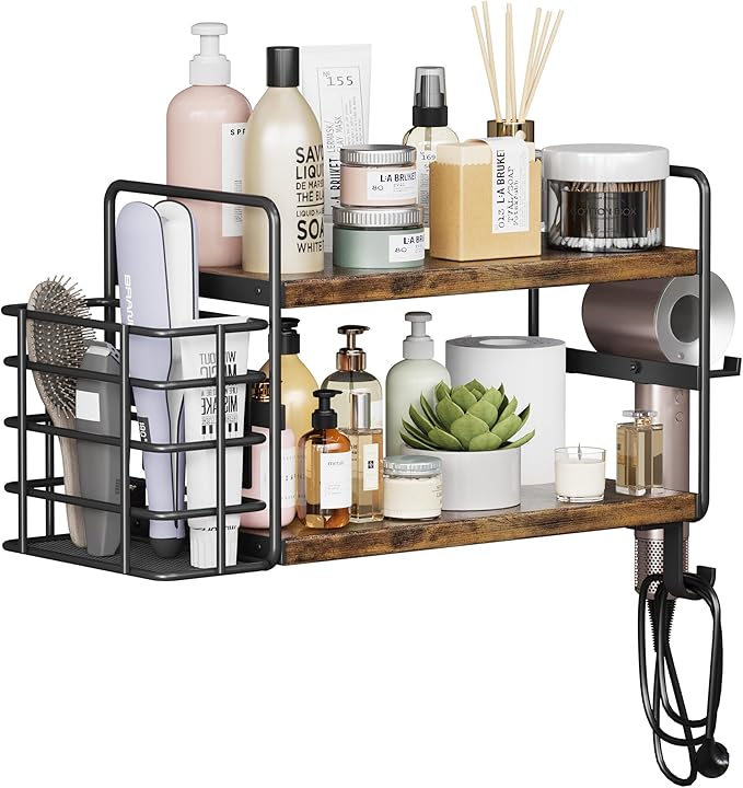 3-in-1 Wall Mounted Hair Dryer Holder with 2 Tier Shelves & Detachable Basket, Space Saving Organizer for Bathroom, Kitchen, Bedroom, Rust-Resistant, Easy Install (Rustic Brown)