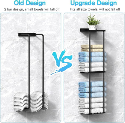 Towel Rack for Bathroom, Wall Mounted Vertical Rolled Towel Storage Organizer Holder with Shelf, Holds Up 6 Large Bath Sheets, Black