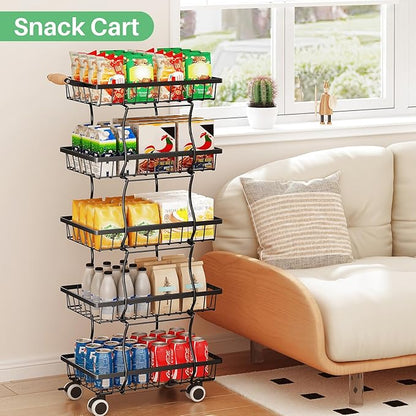 Fruit Basket Kitchen Pantry Organizers and Storage - 5 Tier Stackable Metal Wire Basket Stand for Fruit Vegetable Snacks Jars Bins Containers Organization, Black