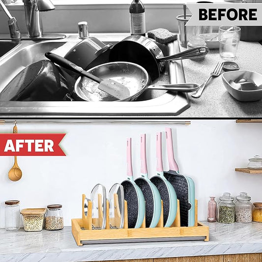 [Upgraded] Bamboo Pots and Pans Organizer under Cabinet, Bakeware and Cutting Board Organizers with Diatomaceous Earth Base & 7 PCS Adjustable Dividers, Tray Organizer for Kitchen Storage
