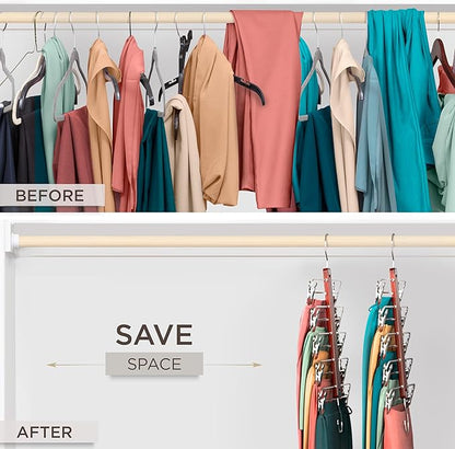 MORALVE Skirt Hangers Space Saving with Clips - 2 Pack - European Beechwood 5-Tier Hanger for Shorts, Skirts, and Pants - Closet Organizer and Storage Solution for Women with 360° Swivel Hook