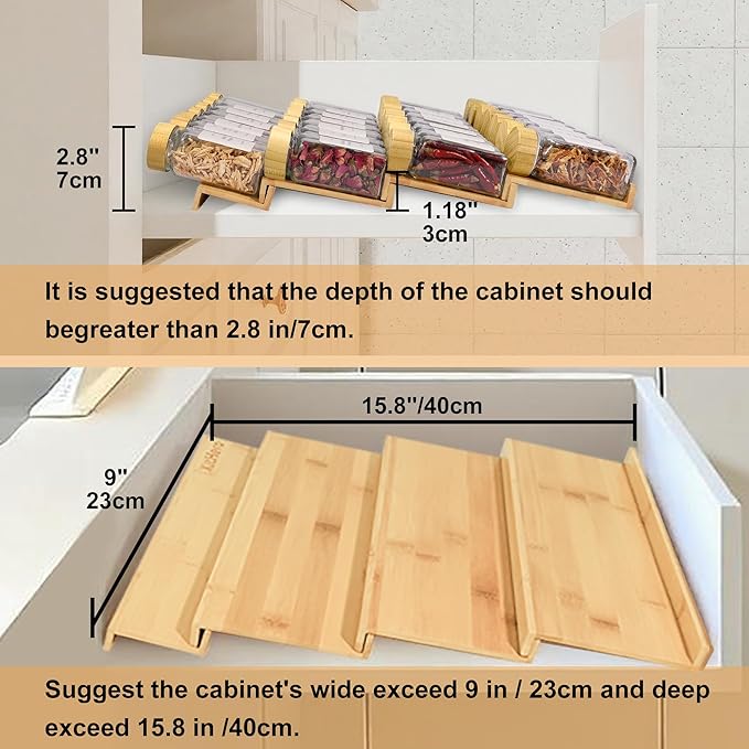 KitHero Spice Drawer Organizer with 18 Bamboo-lidded Spice Jars,216 Labels,50 Non-slip Rubber, Bamboo 4 Tier Seasoning Rack Tray Insert for Kitchen Drawers,Cabinets,Countertop,9" Wide x 15.8" Deep