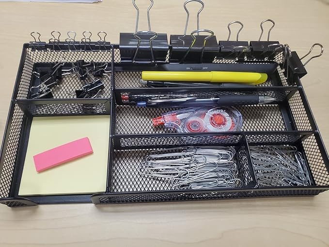 Desk Drawer Organizer Tray, Metal Mesh Drawer Office Drawer Organizer w/6 Compartment, Small Desk Organizer Tray for Home Office School Supplies, Desktop, 11X 6 X 1.45in, Black