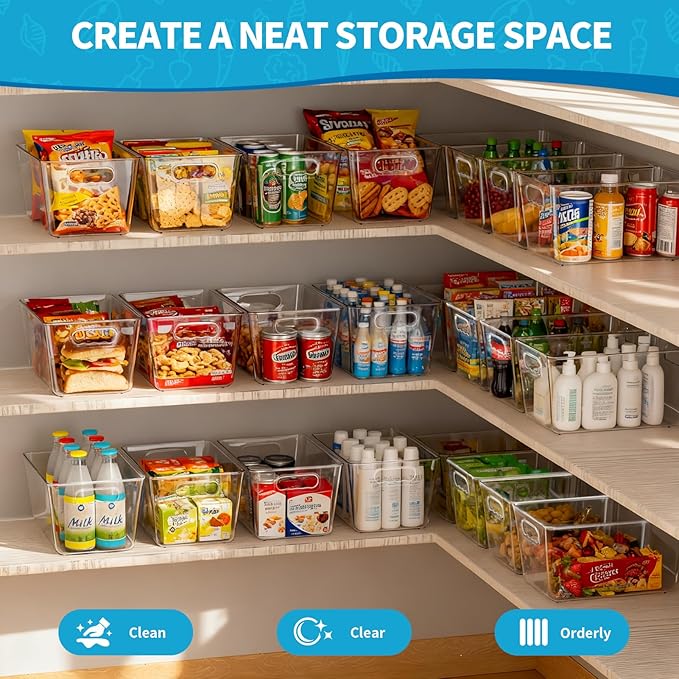 Clear Stackable Storage Bins, Pantry Organizers & Storage Containers, Cabinet Organizer, Home Organization Must Haves for Kitchen, Laundry Room, Office, Closet & Freezer (6 Pack with Lids)