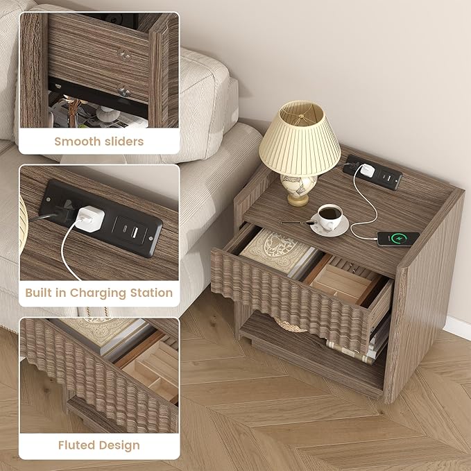 Bigbiglife Fluted Nightstand with Charging Station, 22" Modern Side Table with Drawer End Table with Open Storage, Bedside Table for Bedroom, Living Room, Natural Oak (1, Dark Walnut)