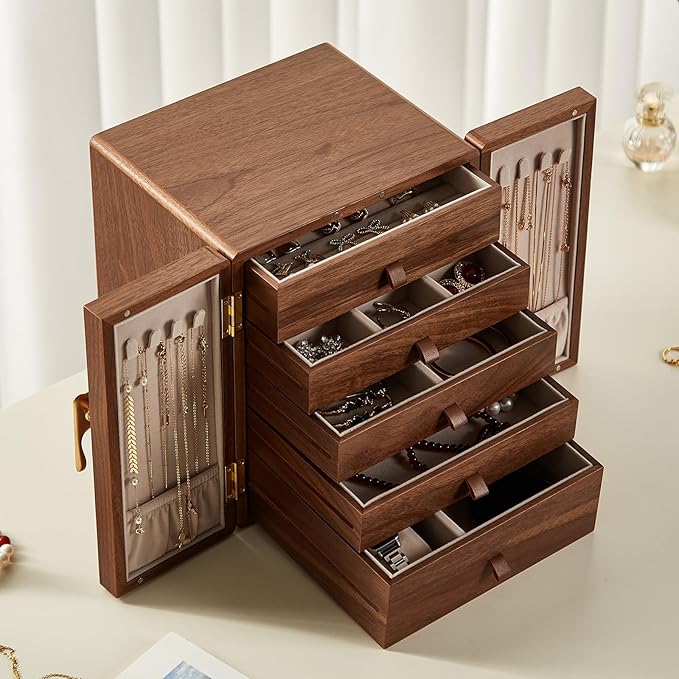 Homruilink Wooden Jewelry Box 5 Layer Black Walnut Large Jewelry Organizer with Brass Handle for Necklaces Rings Earrings Watches Storage, Valentines Day Gifts for Her(7.9x8.7x10.0inches)