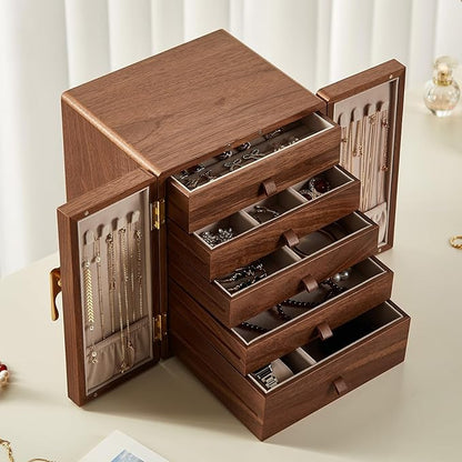 CHOSIN Black Walnut Wooden Jewelry Box 5 Layer Large Wood Jewelry Organizer Brass Handle for Necklaces Rings Earrings Watches Storage Valentines Day Gifts for Her(7.9x8.7x10.0inches)