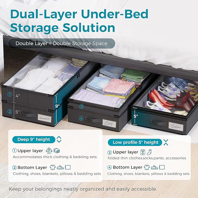 2 Pack Under Bed Storage Containers, Double Layer Underbed Storage Bins for Extensible Closed Design,Clothes Storage Bins with Sturdy Sidewalls/Bottom and PVC Clear Window for Shoes Storage Organizer