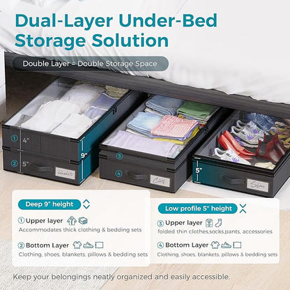 2 Pack Under Bed Storage Containers, Double Layer Underbed Storage Bins for Extensible Closed Design,Clothes Storage Bins with Sturdy Sidewalls/Bottom and PVC Clear Window for Shoes Storage Organizer