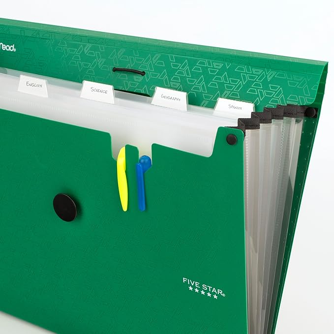 Five Star Expanding File Organizer, 6-Pocket Accordian File Organizer, Bungee Closure, Holds 8-1/2" x 11" Paper, Forest Green (350100D-ECM)