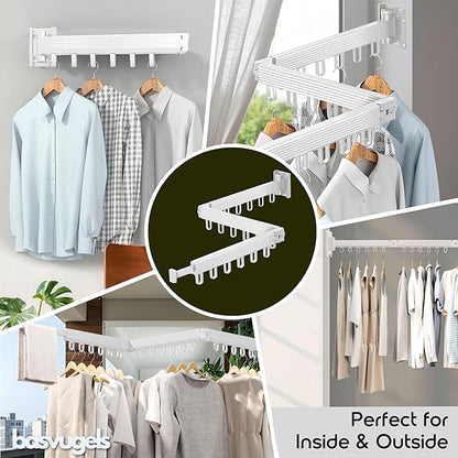 Clothes Drying Rack - Comes with Portable Travel Clothes Hanger 2X -Wall Mounted Drying Rack - Space Saving - Easy to Install - Clothes Hanging - Retractable - (Tri-Fold) (White/Beige)