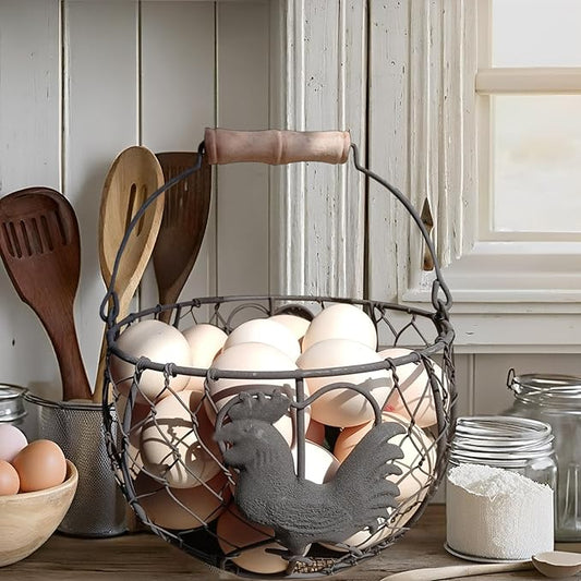 LINCOUNTRY. Chicken Wire Egg Basket for Gathering Fresh Eggs with Handle, Round Metal Egg Collecting Basket Countertop Storage Container Holder, Vintage Rustic Farmhouse Rooster Decor Kitchen