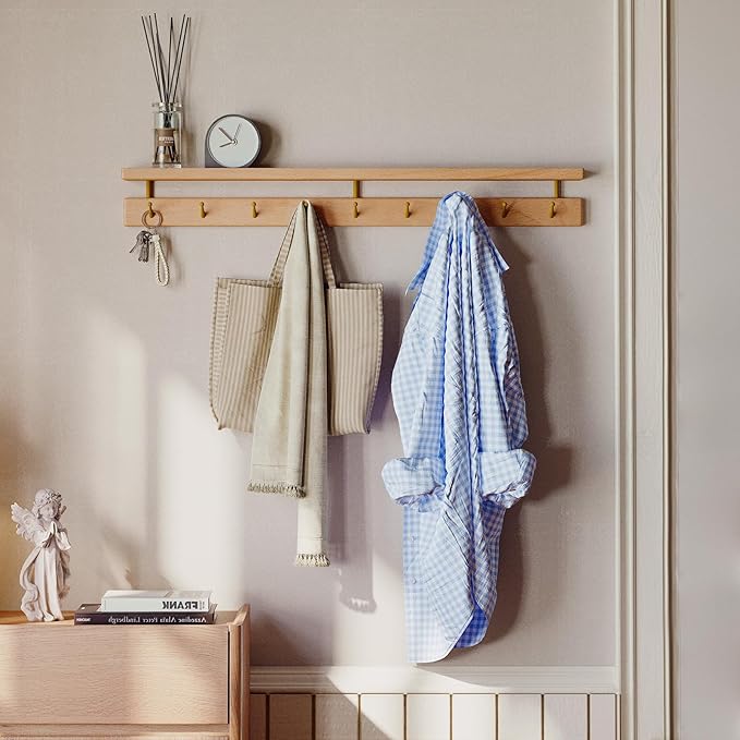 Solid Wood Wall Hooks with Shelf, Coat Rack Wall Mount, Entryway Hanging Shelf with 9 Brass Hooks for Hats, Clothes, Towels, Bags, Beech Wood, Natural