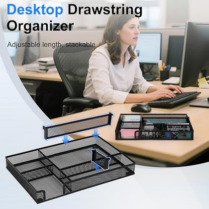 Desk Drawer Organizer Tray with 2 Adjustable Compartments, Metal Mesh Drawer Organizer, Multifunctional Desktop Drawer Organizer Organizer Set for Office, Home and School Supplies, 2.6x8.26x1.57 in