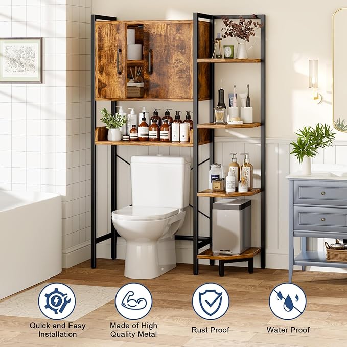 Roxibelt K2 Heavy Duty 7-Tier Over The Toilet Storage Cabinet（With Magnetic Doors & Adjustable Feet）Freestanding Above Toilet Shelf，Space Saver Bathroom Organizer 9.3"D x 31.5"W x 67.2"H，Rustic Brown