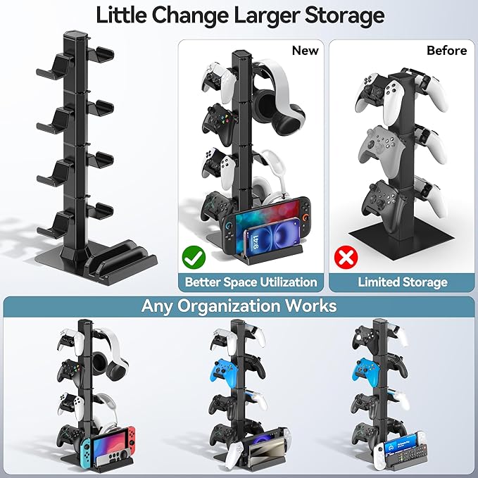 Gaming Headset & Controller Holder Stand for Gamer Gift, Gaming Headphone Desk Organizer Storage with Cable Hook for Xbox/ PS5/ PS4/ Controller, Nintendo Switch 1/ 2/ PS Portal Console/ Remote & Phone
