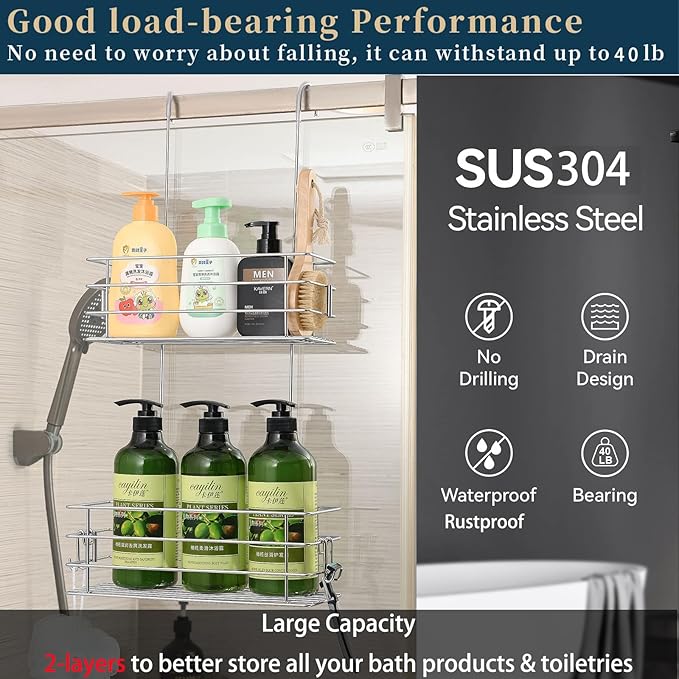 Seltomer Hanging Shower Rack Shower Caddy with Rotatable Hook bar Over the Door and Can be Hung on the Faucet or Claw Foot, 304 Stainless Steel Rust Proof and Durable (Double-Layer)