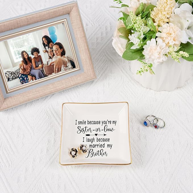 Spegiffu Sister in Law Gifts Ring Dish- I Smiled Because You're My Sister in Law Jewelry Dish Tray Trinket Dish, Birthday Gifts for Sister in Law Wedding Christmas Valentines Mother's Day Gift, White