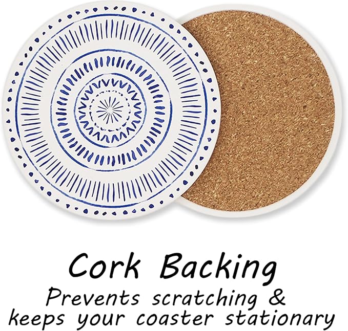 AD Set of 6 Coasters for Drinks Absorbing Round Ceramic Stone Coaster with Cork Base,Tabletop Protection Mat for Mugs and Cups,Office,Kitchen (Nordic Blue)