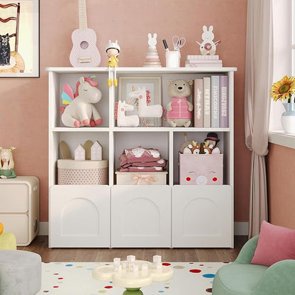 Toy Storage Organizer with 3 Movable Drawers,Montessori Bookshelf with 5 Open Cubbies,White Kids Bookshelf with Wall Mounting Hardware for Playroom,Den and Kids Room