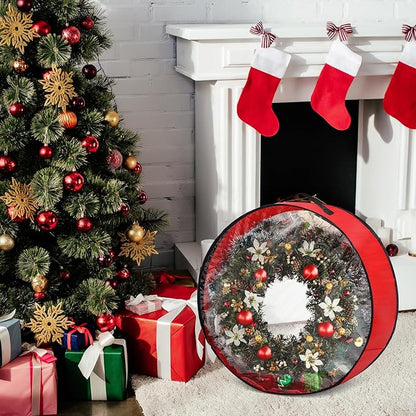 4 Pcs Christmas Wreath Storage Bag, Christmas Garland Storage Container with Clear Window, Zipper & Handle for Xmas Holiday Seasonal Wreath Garland Box(Red,30")