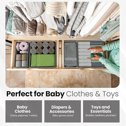 Drawer Organizer – 12 Pack Foldable Gray Fabric Storage Bins for Baby Clothes, Closet, Dresser, Nursery, Underwear, Diapers, Socks | Soft Drawer Dividers for Bedroom & Home Storage