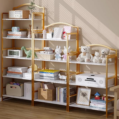 JSB No Assembly Folding Bookshelf, 5 Tier Book Shelf for Storage, Vintage Wood Foldable Bookcase for Living Room, Bedroom, Office Organization Shelves