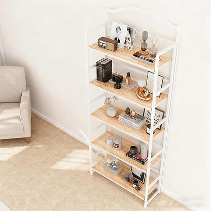 JSB No Assembly Folding Bookshelf, 5 Tier Book Shelf for Storage, Vintage Wood Foldable Bookcase for Living Room, Bedroom, Office Organization Shelves