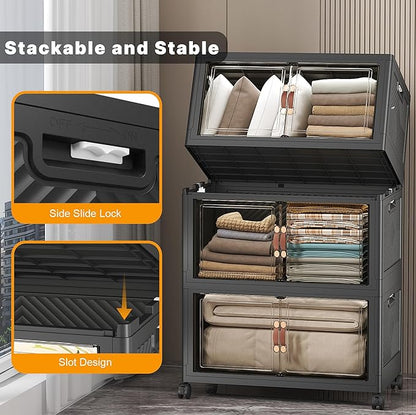 Extra Large Stackable Storage Bins with Lids & Wheels & Door,Foldable Collapsible Closet Organizers, Plastic containers drawers for bedroom Dorm (Dark-112QT, 3Pack with 1 top lid)