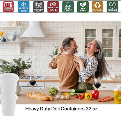 ProTakeOut 32oz [240 set] Heavy Duty Plastic Deli Container | BPA-Free Food Storage with Airtight Leak‑Proof Lids | Microwave, Freezer & Dishwasher Safe – Stackable, Bulk Reusable Soup & Meal Prep Tub