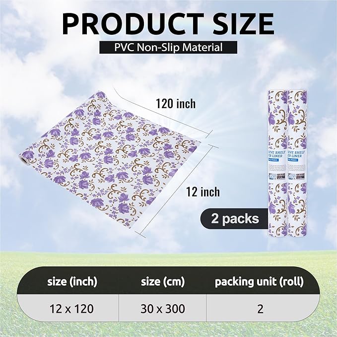 12X120 Inch Shelf Liner for Kitchen Cabinets, PVC Drawer Liner for Dresser Non-Slip Bathroom, Non-Adhesive Cabinet Liner Washable (Purple Floral)(2 Roll)