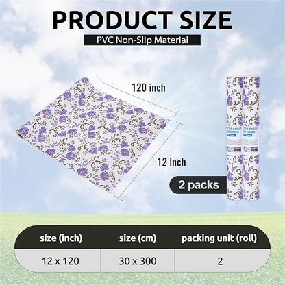 12X120 Inch Shelf Liner for Kitchen Cabinets, PVC Drawer Liner for Dresser Non-Slip Bathroom, Non-Adhesive Cabinet Liner Washable (Purple Floral)(2 Roll)
